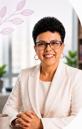 Christiane Assis sorrindo em seu espaço de trabalho